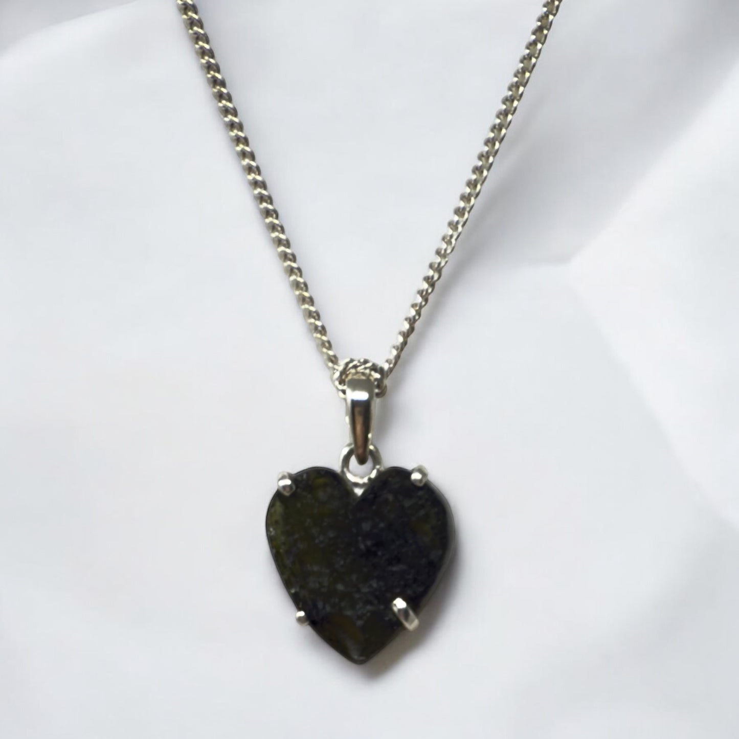 Moldavite Heart Necklace with Sterling Silver Chain
