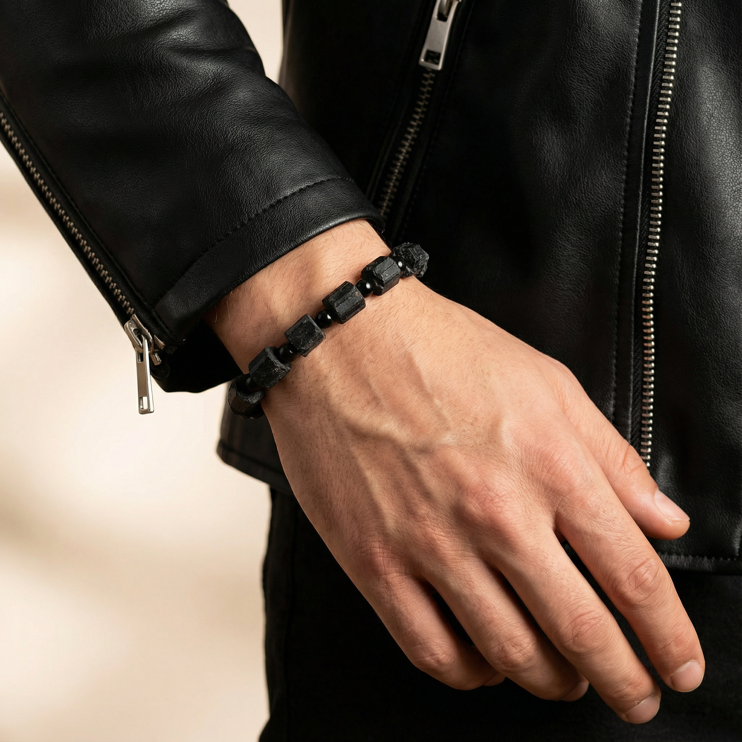 Black Tourmaline Natural Tube Bracelet 8–12 mm – Strong Protection & Grounding