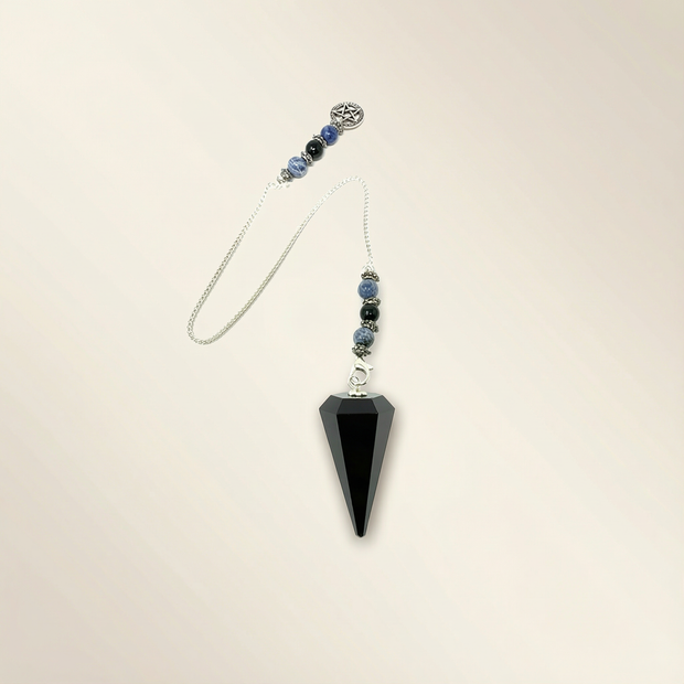 Black Obsidian Hexagonal Pendulum with Sodalite & Pentacle Charm