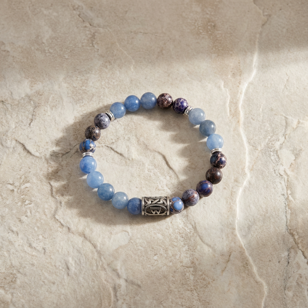 Viking Rune Berkano Bracelet – 8mm Chalcedony Beads - Growth, Renewal & Protection