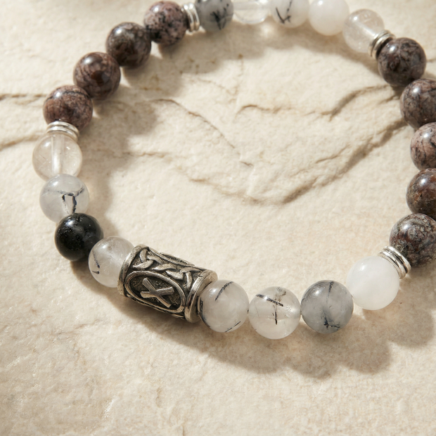 Viking Gebo Rune Bracelet with Tourmalinated Quartz & Alabaster Jasper – Protection, Balance & Harmony