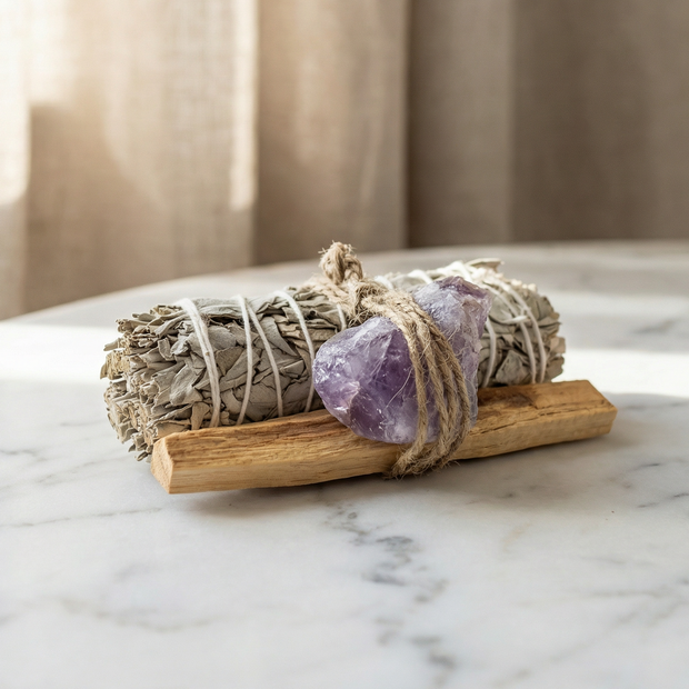 White Sage Smudge Stick with Palo Santo & Amethyst Crystal