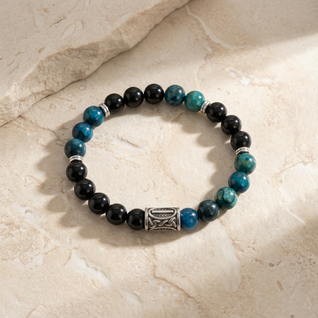 Viking Rune “ISA” Bracelet – Black Onyx & Aqua Blue Tiger Eye - Focus, Stillness & Inner Control