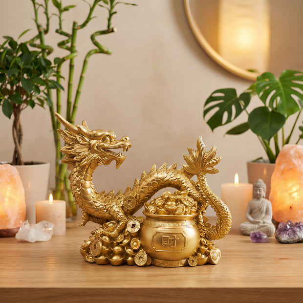 Chinese Feng Shui Golden Dragon with Wealth Pot