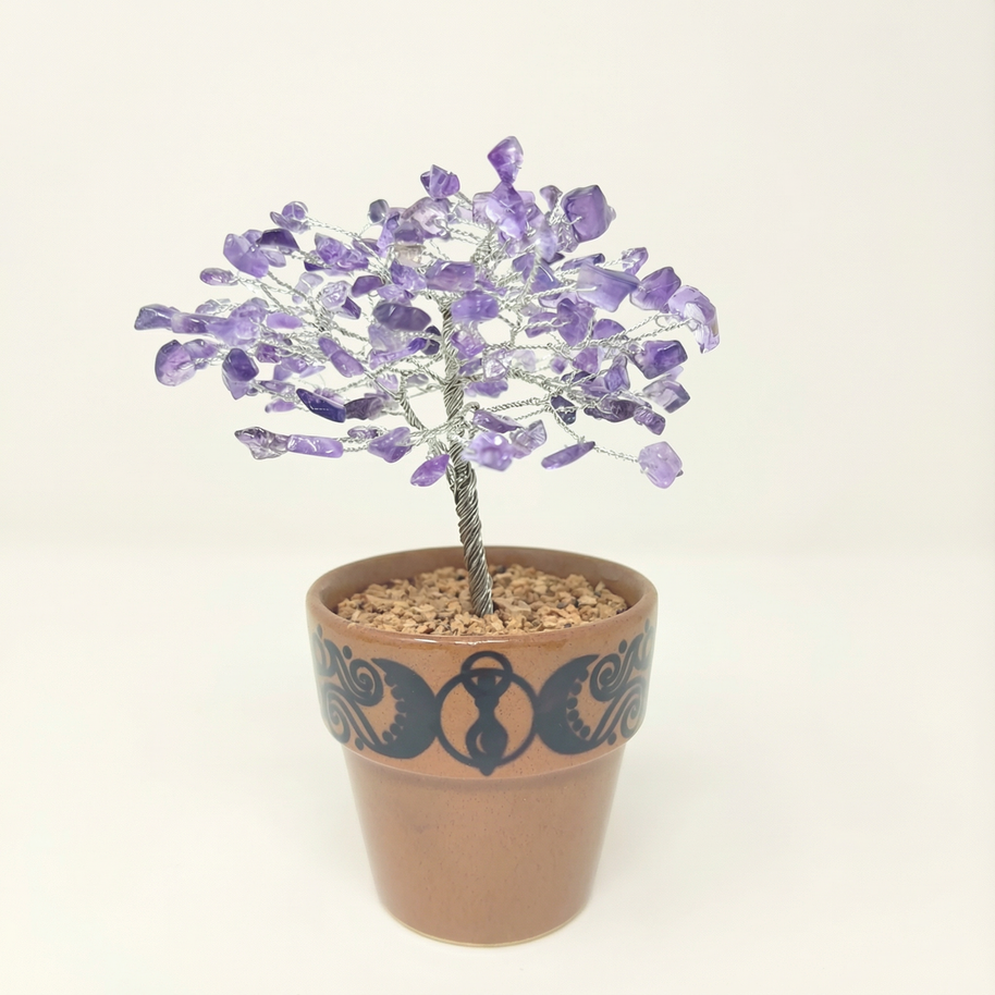 Amethyst Gem Tree with Goddess Border Ceramic Pot – Intuition & Spiritual Healing Decor