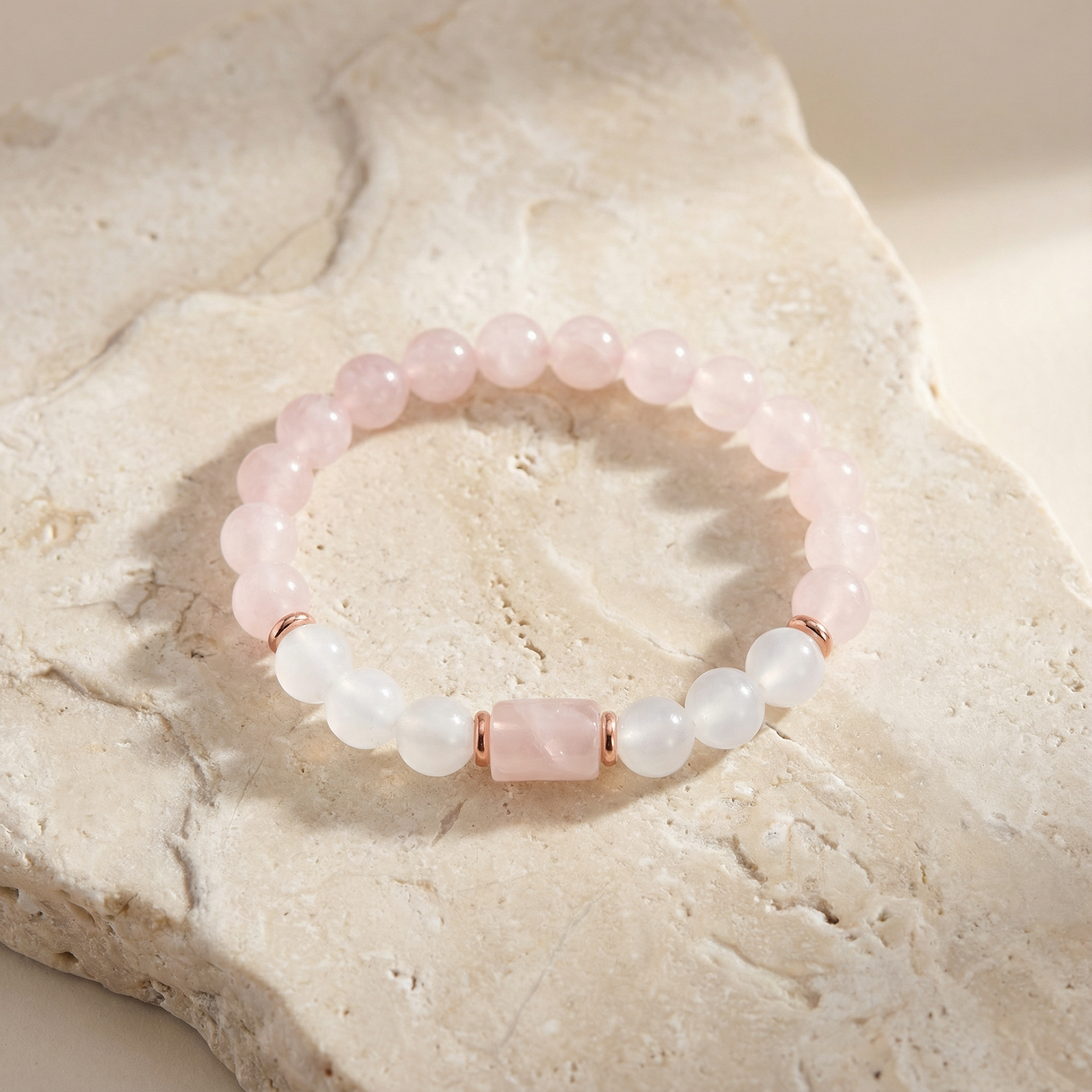 Rose Quartz & Selenite Bracelet – 8 mm Beads + Cylinder Charm