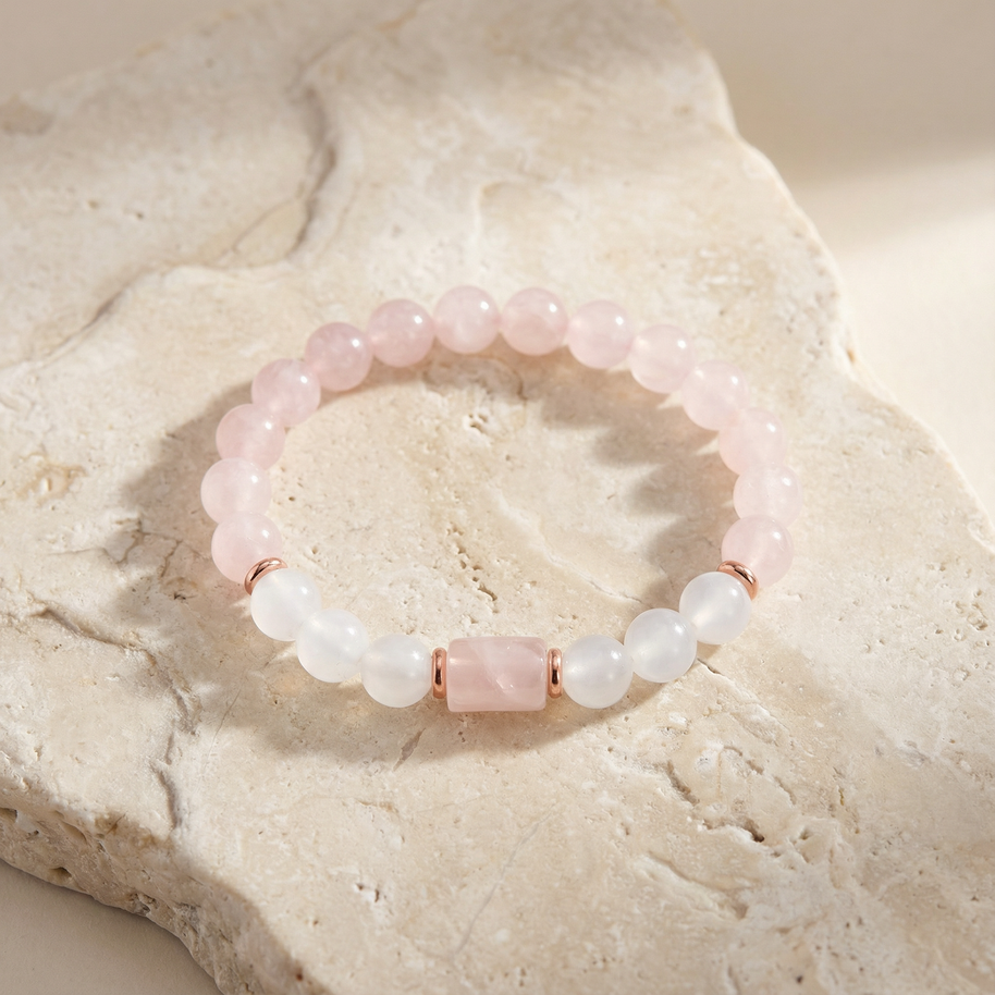 Rose Quartz & Selenite Bracelet – 8 mm Beads + Cylinder Charm