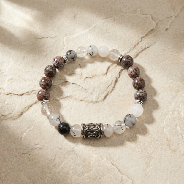 Viking Gebo Rune Bracelet with Tourmalinated Quartz & Alabaster Jasper – Protection, Balance & Harmony
