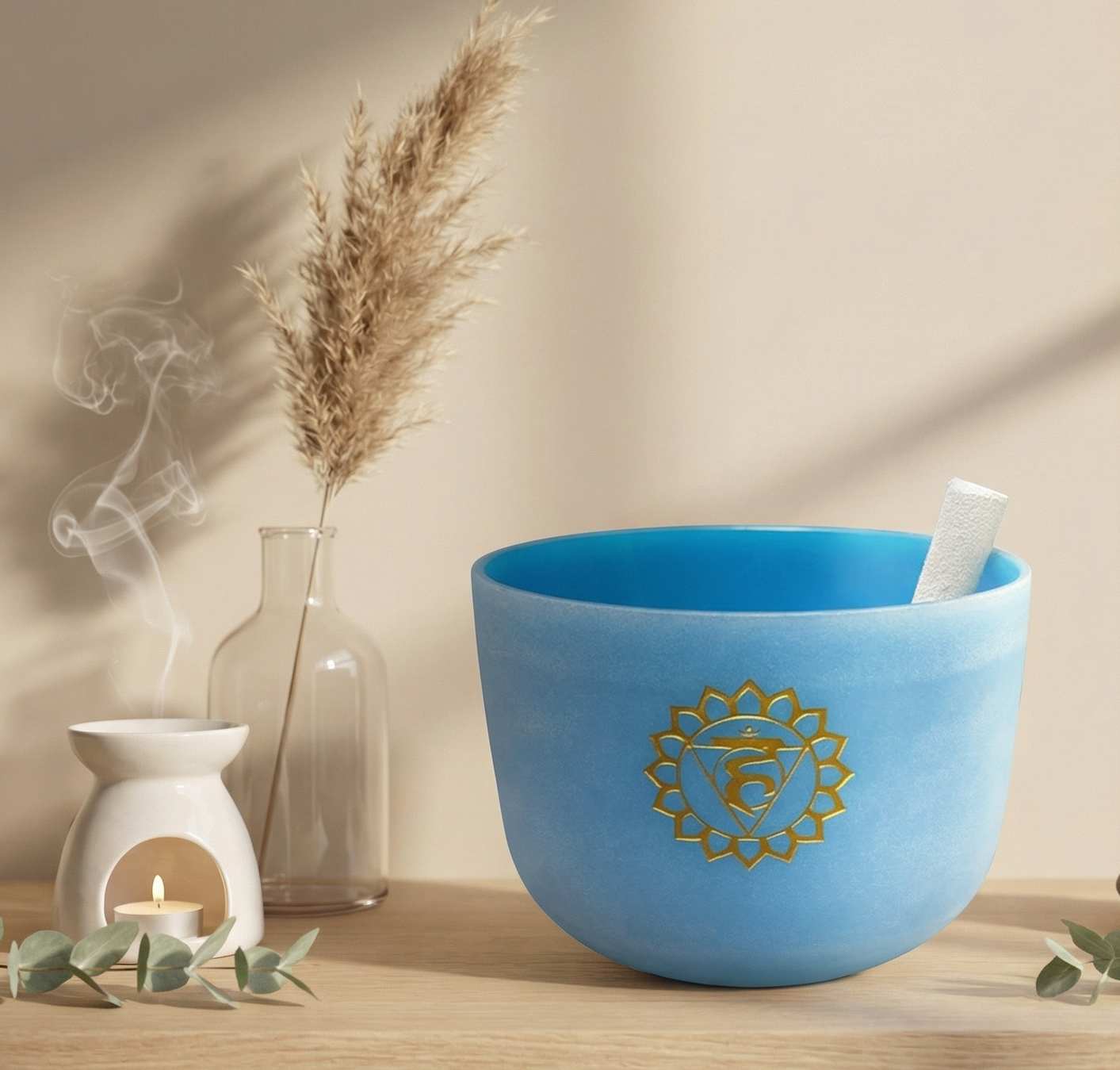 Crystal Singing Bowl with Engraved Chakra Symbol: Throat Chakra