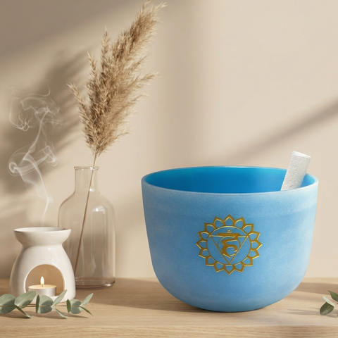 Crystal Singing Bowl with Engraved Chakra Symbol: Throat Chakra