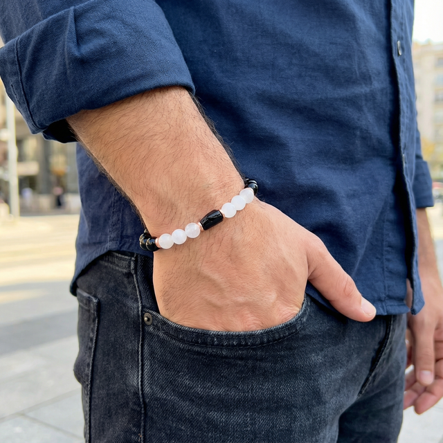 Black Tourmaline & Selenite Bracelet 8 mm with Cylinder – Protection, Cleansing & Balance