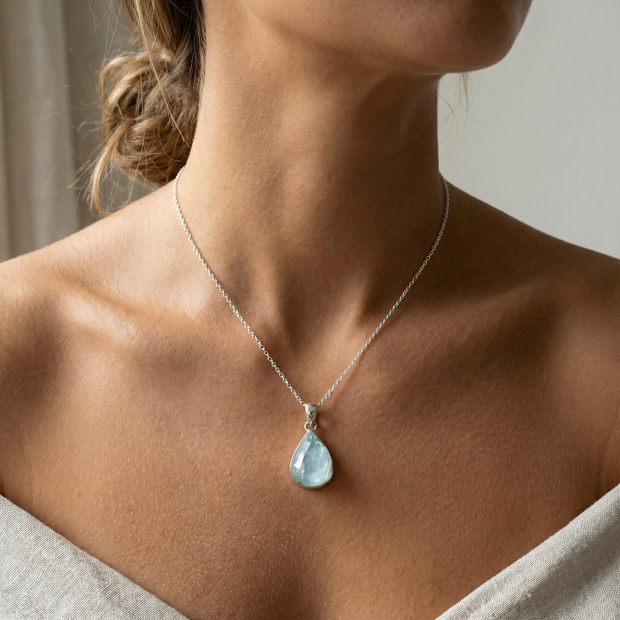 Sterling Silver Chain Necklace with Pear-Shaped Aquamarine Cabochon Pendant