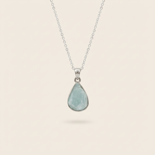 Sterling Silver Chain Necklace with Pear-Shaped Aquamarine Cabochon Pendant
