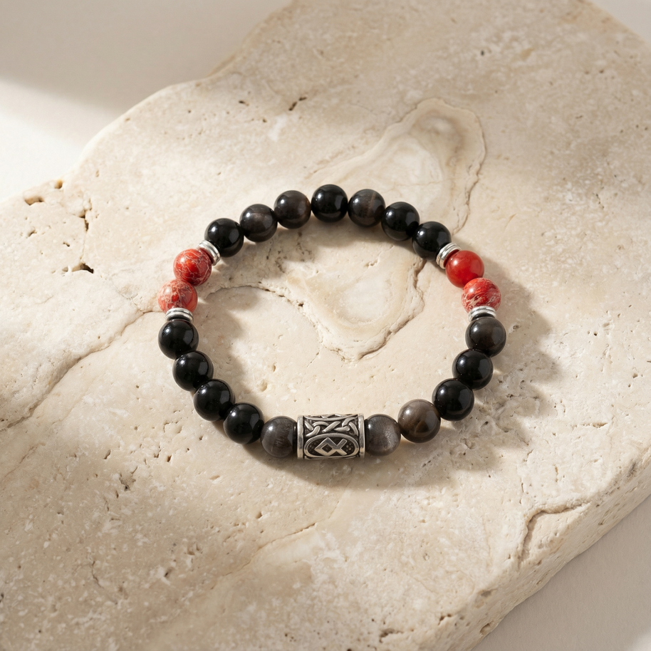 Viking Rune Othala Bracelet – Silver Obsidian & Red Imperial Jasper - Heritage, Protection & Strength