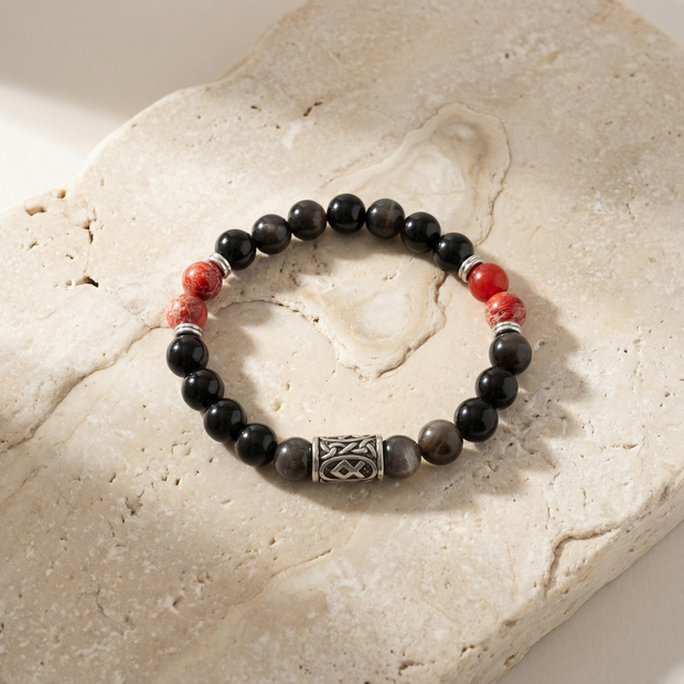 Viking Rune Othala Bracelet – Silver Obsidian & Red Imperial Jasper - Heritage, Protection & Strength