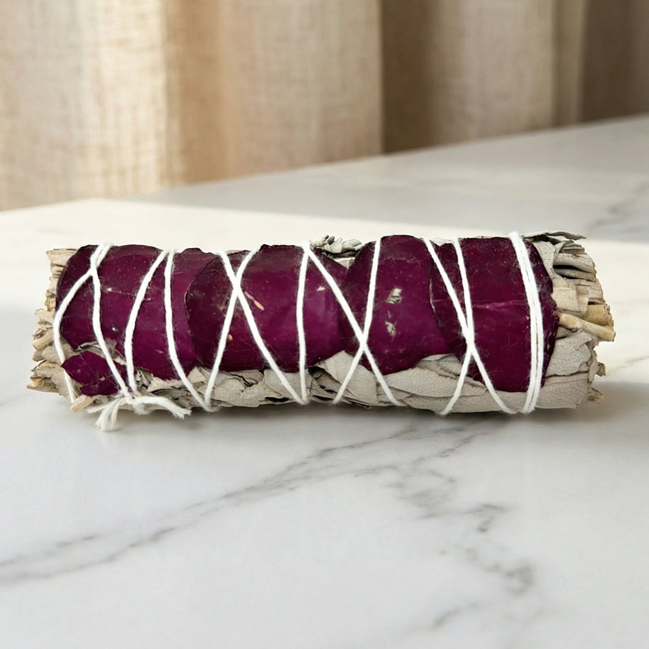 White Sage Smudge Stick with Rose Petals 4–4.5 Inches
