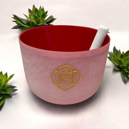 10'' Inch Quartz Crystal Singing Bowl with Engraved Chakra Symbol: Root Chakra/Will Power, Decision Making/Crystal Singing Bowl