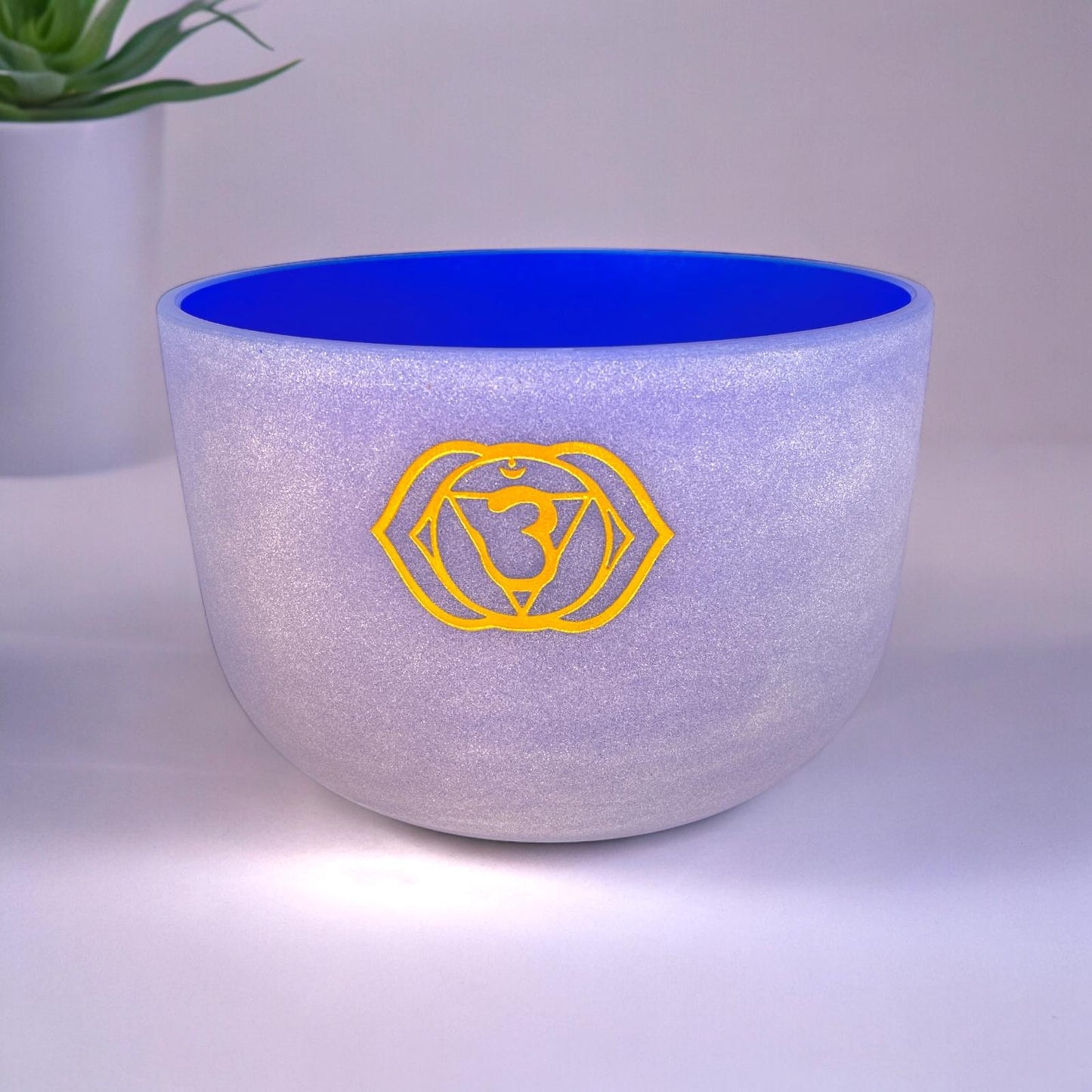 Quartz Crystal Singing Bowl 10" inch With Etched Chakra Symbol: Third Eye Chakra / Willpower, Making Choices / Crystal Singing Bowl