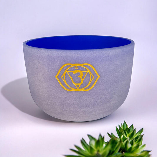 Quartz Crystal Singing Bowl 10" inch With Etched Chakra Symbol: Third Eye Chakra / Willpower, Making Choices / Crystal Singing Bowl