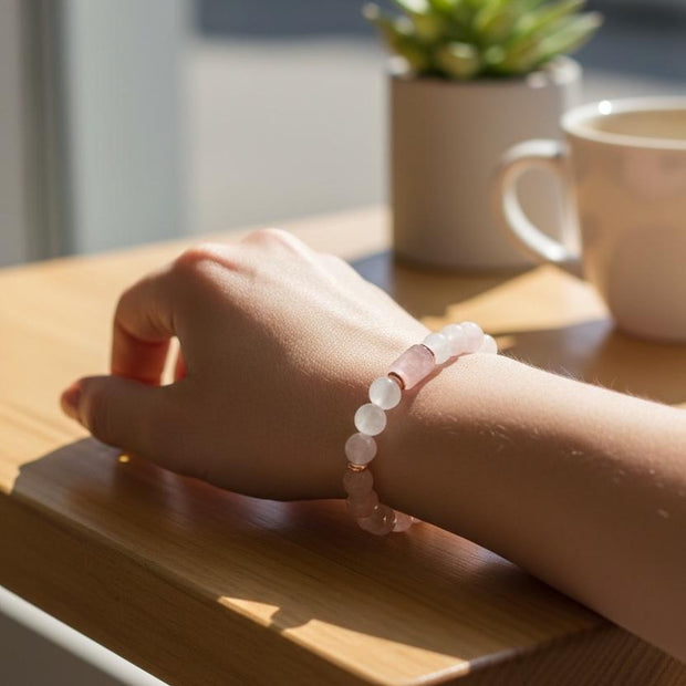 Rose Quartz & Selenite Bracelet – 8 mm Beads + Cylinder Charm