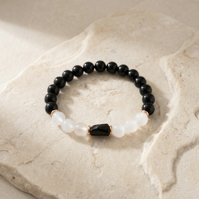 Black Tourmaline & Selenite Bracelet 8 mm with Cylinder – Protection, Cleansing & Balance