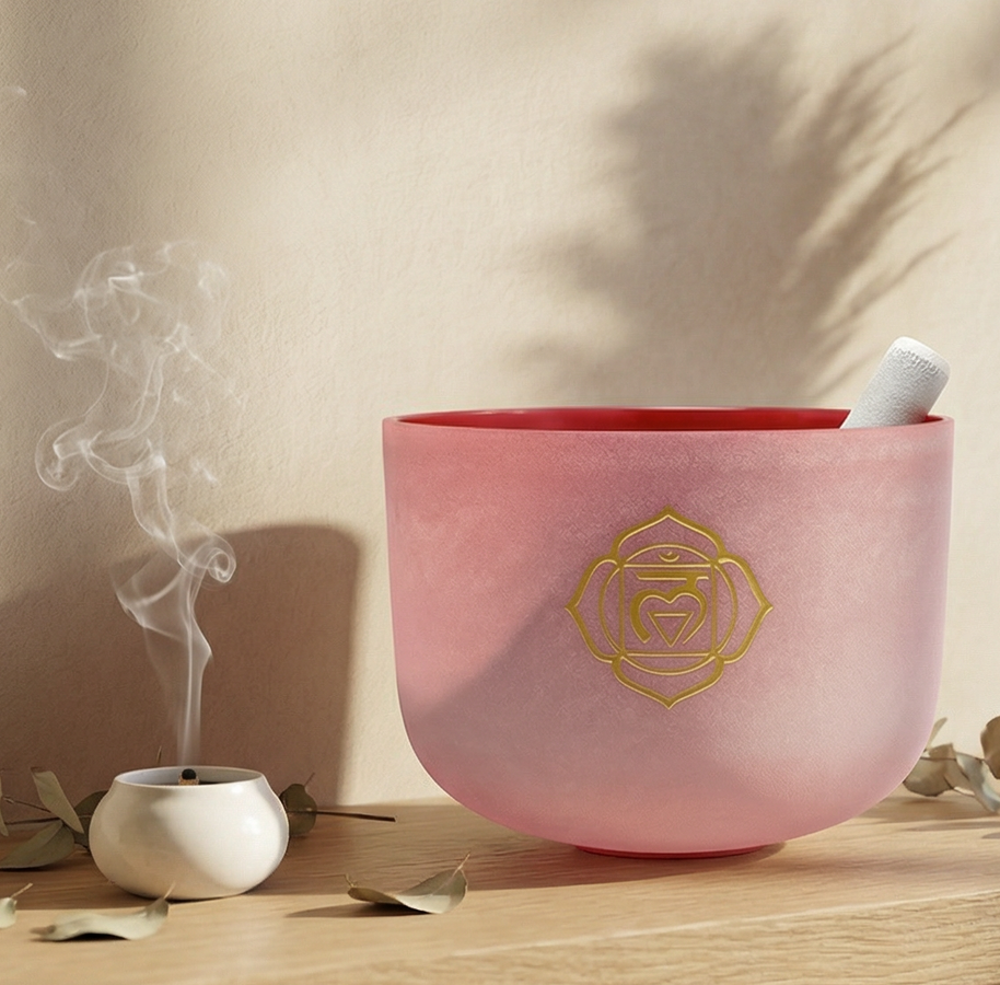 10'' Inch Quartz Crystal Singing Bowl with Engraved Chakra Symbol: Root Chakra/Will Power, Decision Making/Crystal Singing Bowl