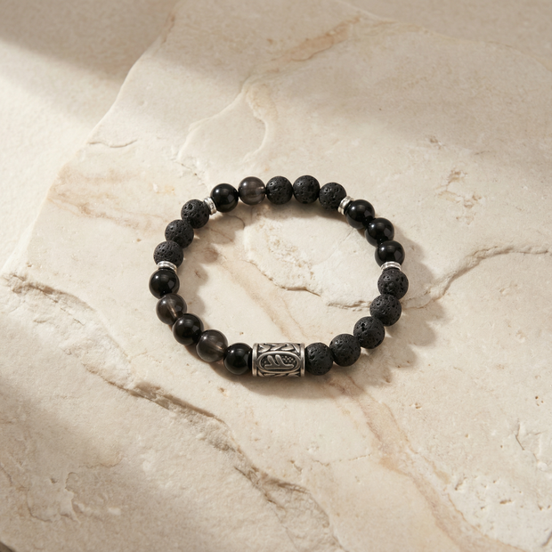 Viking Fehu Rune Bracelet with Silver Obsidian & Lava Rock – Protection, Strength & Abundance