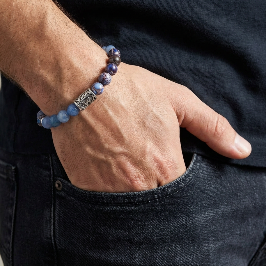 Viking Rune Berkano Bracelet – 8mm Chalcedony Beads - Growth, Renewal & Protection