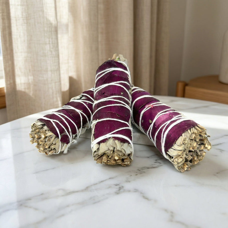 White Sage Smudge Stick with Rose Petals 4–4.5 Inches