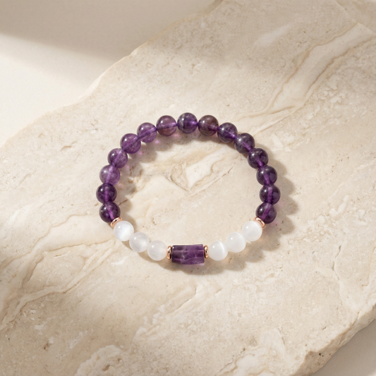 Amethyst & Selenite Bracelet 8 mm with Cylinder – Calm, Protection & Mental Clarity