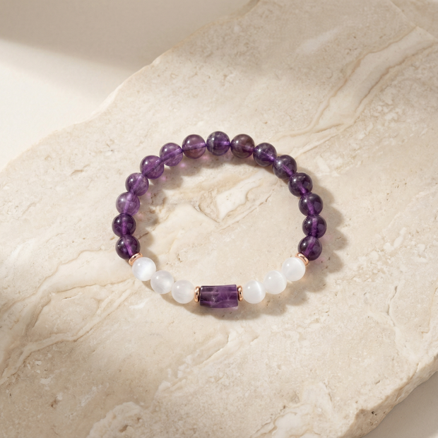 Amethyst & Selenite Bracelet 8 mm with Cylinder – Calm, Protection & Mental Clarity