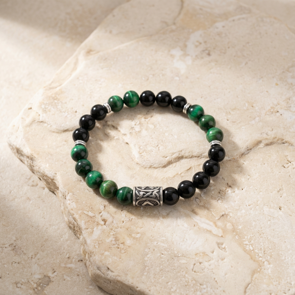 Viking Rune “Kenaz” Bracelet – Black Onyx & Green Tiger Eye - Knowledge, Strength & Inner Vision