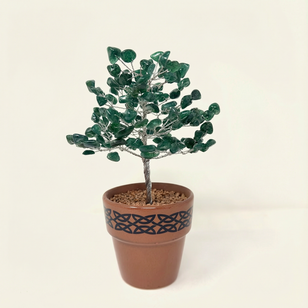 Green Aventurine Gem Tree with Celtic Knot Pot – Abundance & Luck Decor