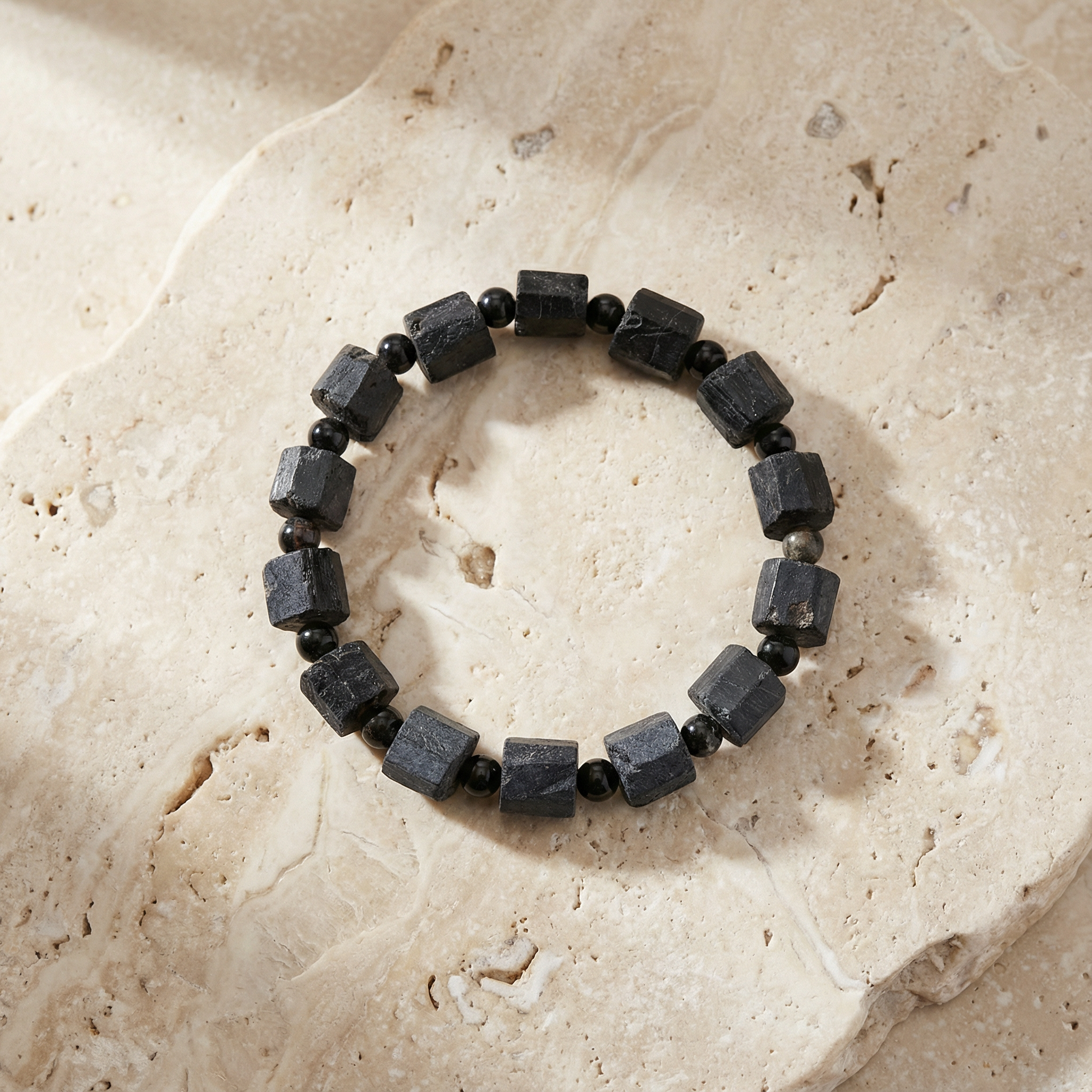 Black Tourmaline Natural Tube Bracelet 8–12 mm – Strong Protection & Grounding