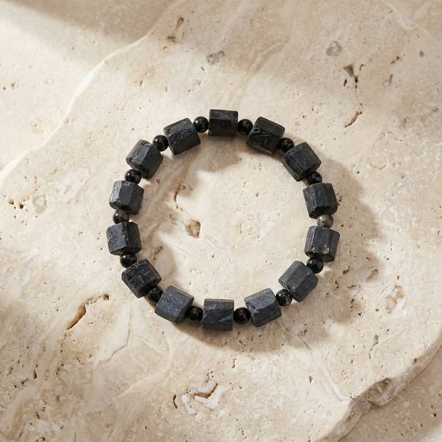 Black Tourmaline Natural Tube Bracelet 8–12 mm – Strong Protection & Grounding