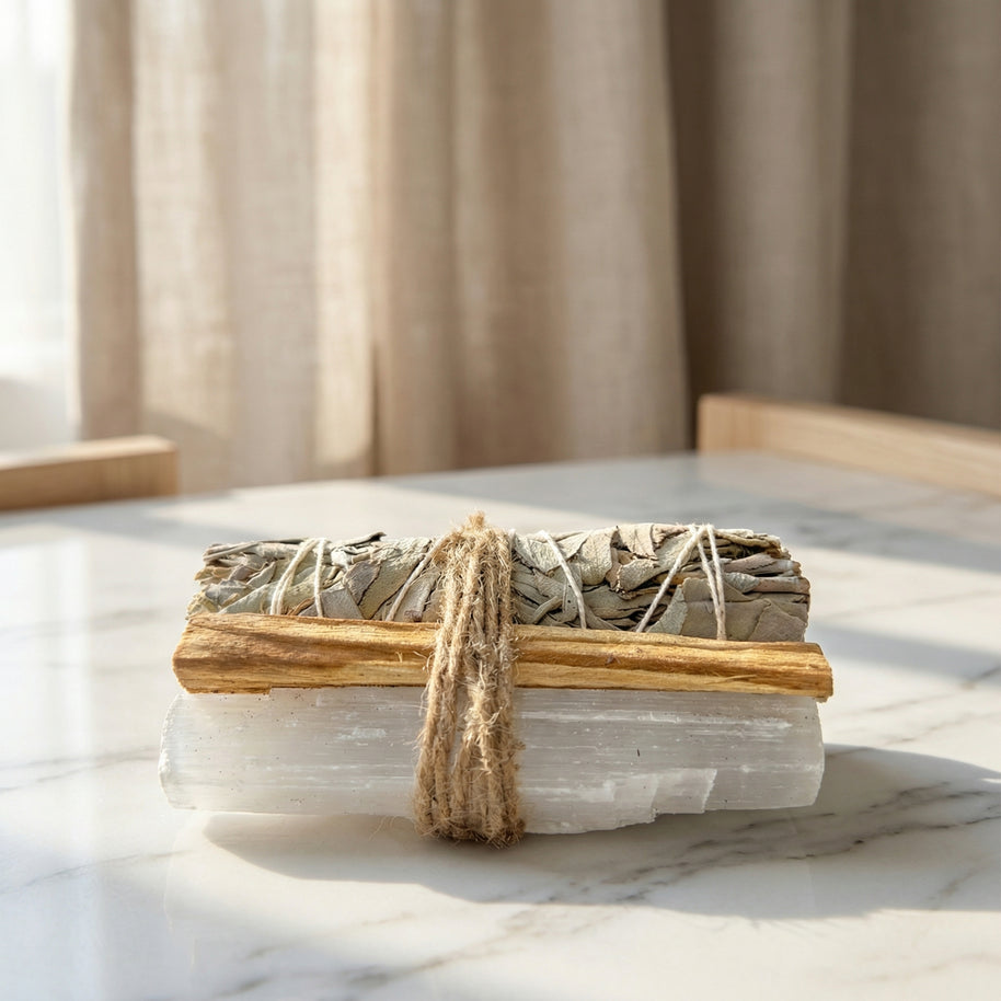 🤍🌿 White Sage, Palo Santo & Raw Selenite Smudge Set