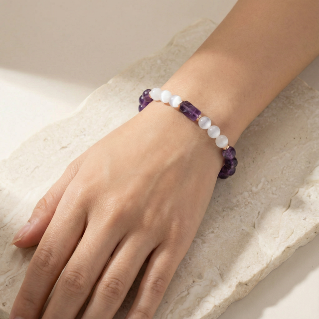 Amethyst & Selenite Bracelet 8 mm with Cylinder – Calm, Protection & Mental Clarity