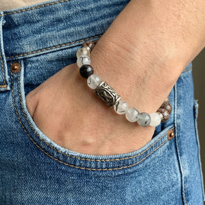 Viking Gebo Rune Bracelet with Tourmalinated Quartz & Alabaster Jasper – Protection, Balance & Harmony