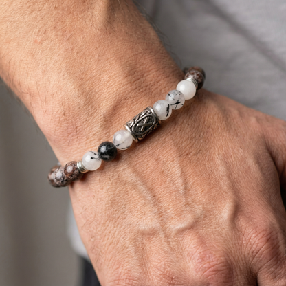 Viking Gebo Rune Bracelet with Tourmalinated Quartz & Alabaster Jasper – Protection, Balance & Harmony