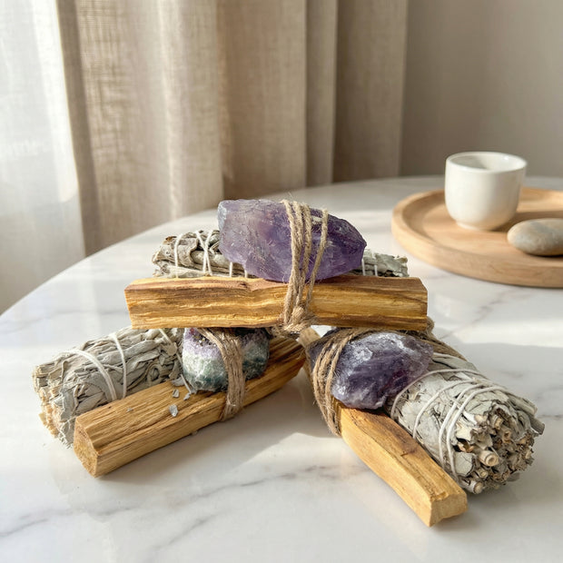White Sage Smudge Stick with Palo Santo & Amethyst Crystal