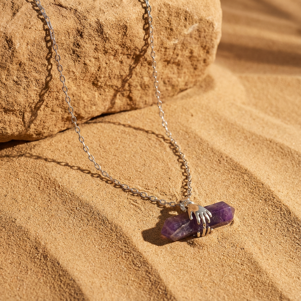 Hands Holding Chevron Amethyst – Double Point Pendant