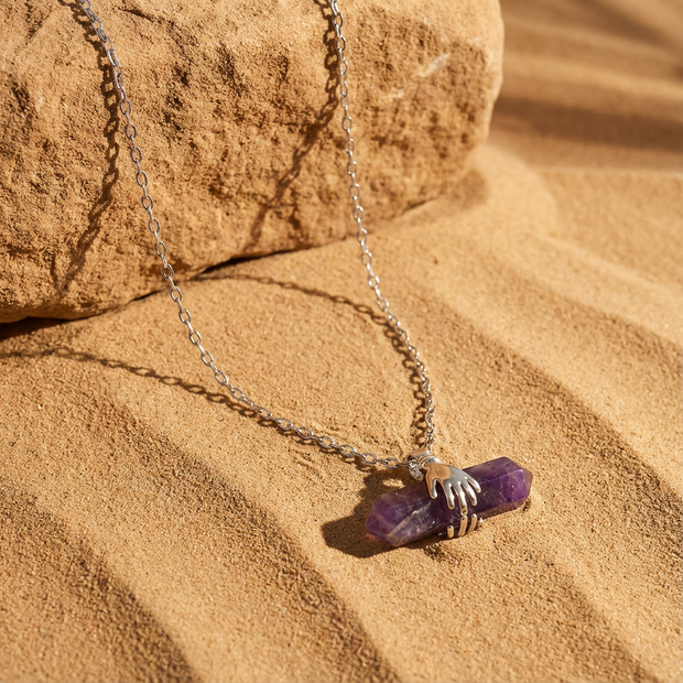 Hands Holding Chevron Amethyst – Double Point Pendant