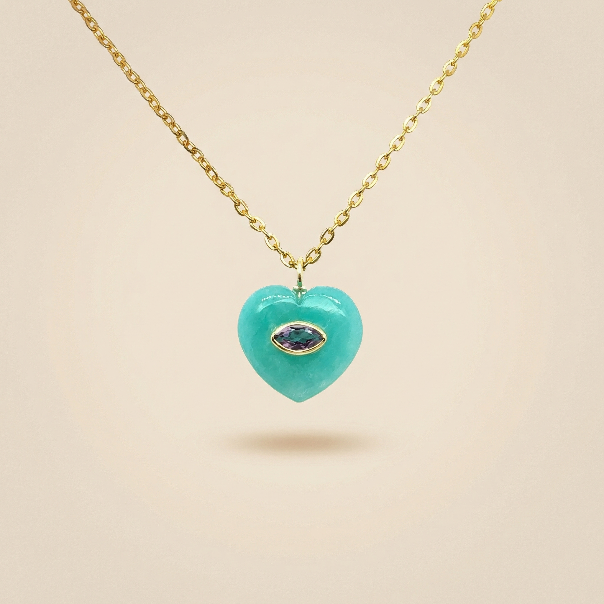 Amazonite Heart Pendant with Amethyst – Gold Plated Necklace