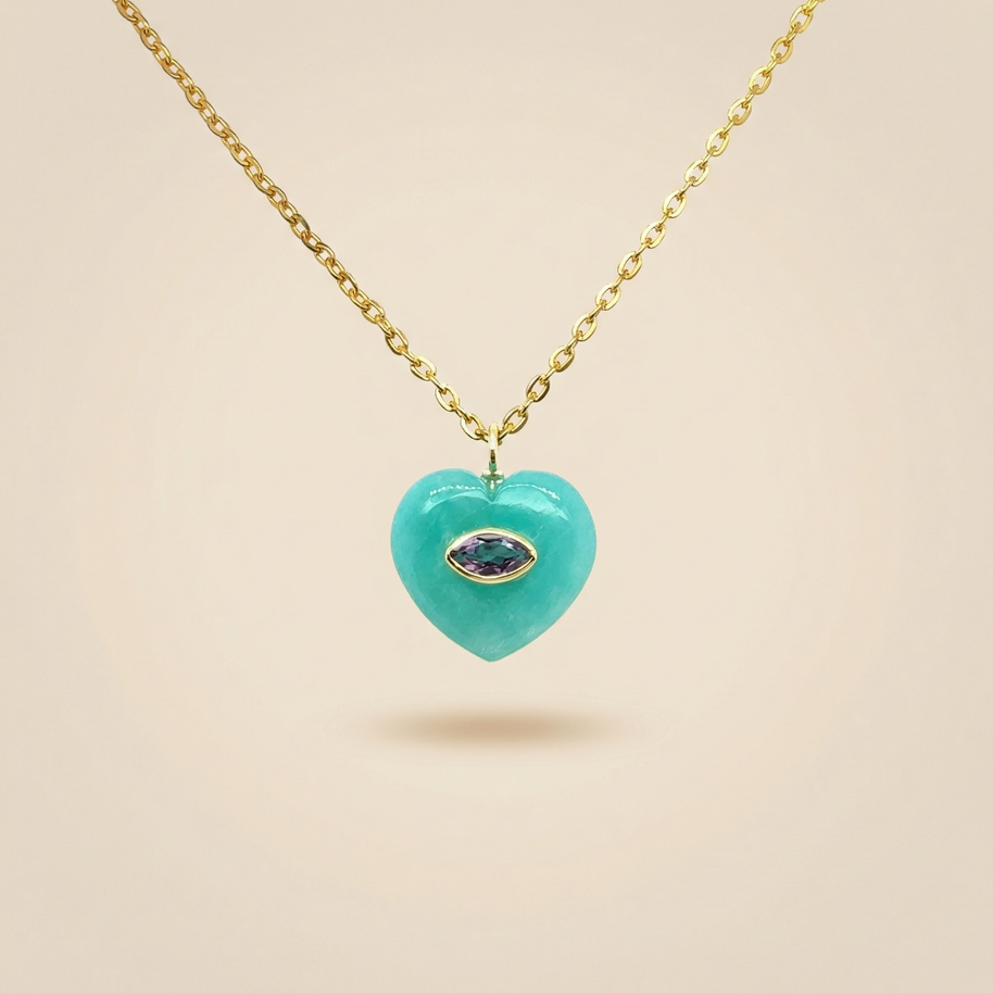 Amazonite Heart Pendant with Amethyst – Gold Plated Necklace