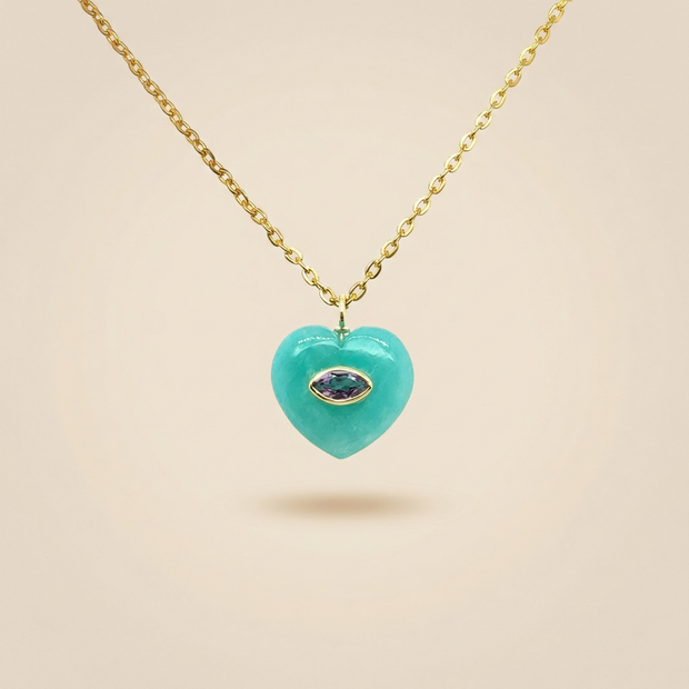 Amazonite Heart Pendant with Amethyst – Gold Plated Necklace