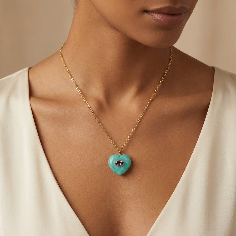 Amazonite Heart Pendant with Amethyst – Gold Plated Necklace