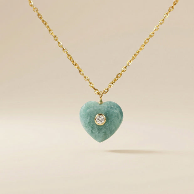 Amazonite Heart Pendant with Zircon – Gold Chain Necklace