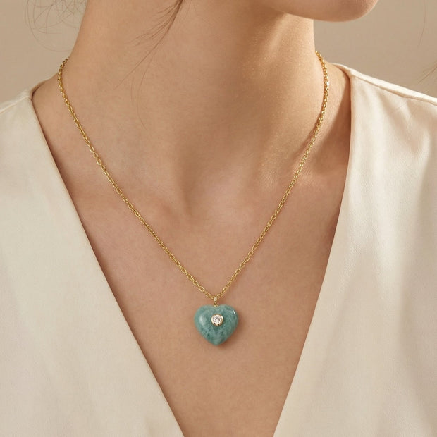 Amazonite Heart Pendant with Zircon – Gold Chain Necklace